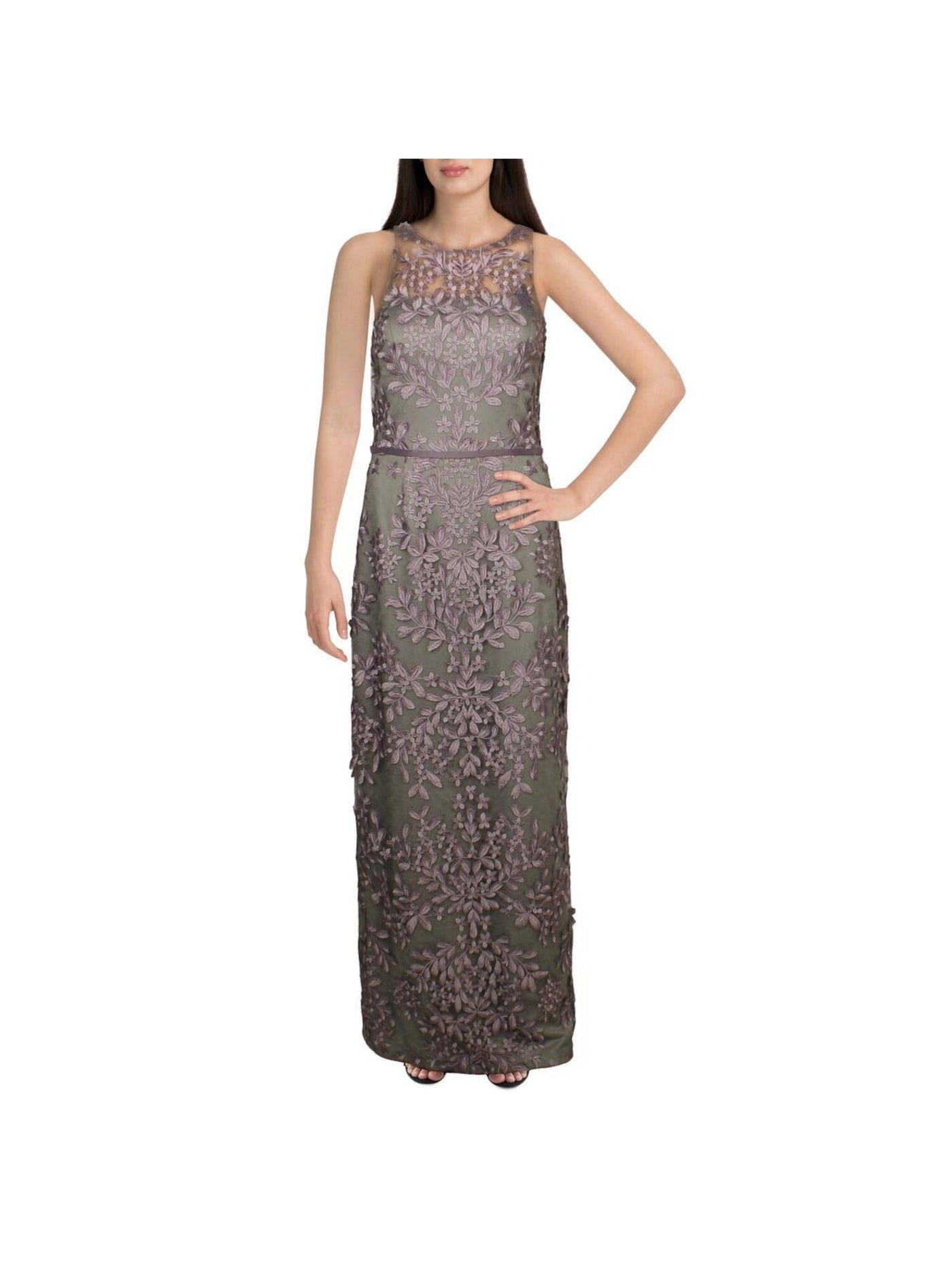 JS COLLECTION Womens Gray Stretch Embroidered Zippered Floral Sleeveless Halter Full-Length Evening Sheath Dress 4