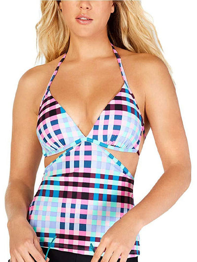 HULA HONEY Women's Pink Plaid V-Neck Open Strappy Back Cutout Halter Tankini Swimsuit Top XS