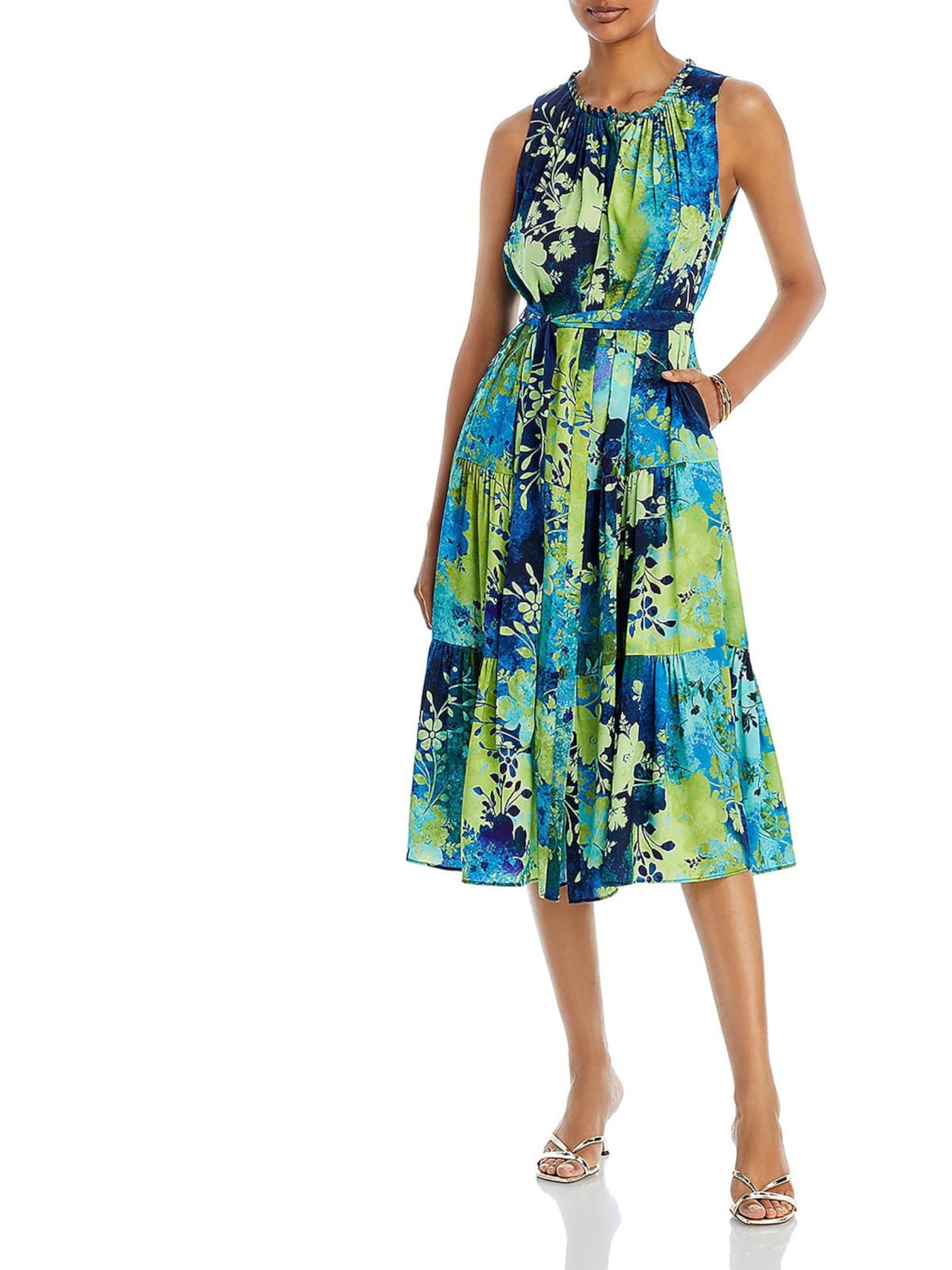 KOBI HALPERIN Womens Green Ruffled Pocketed Tie-belt Tiered Printed Sleeveless Round Neck Midi Fit + Flare Dress M