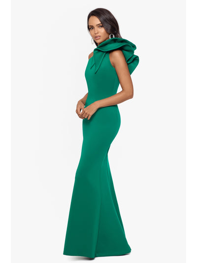 BETSY & ADAM Womens Green Zippered Lined Ruffled Shoulder Sleeveless Asymmetrical Neckline Full-Length Evening Mermaid Dress 16