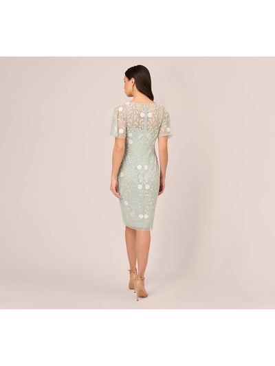 ADRIANNA PAPELL Womens Green Embroidered Zippered Illusion Lined Sheer Floral Flutter Sleeve Boat Neck Knee Length Cocktail Sheath Dress 2