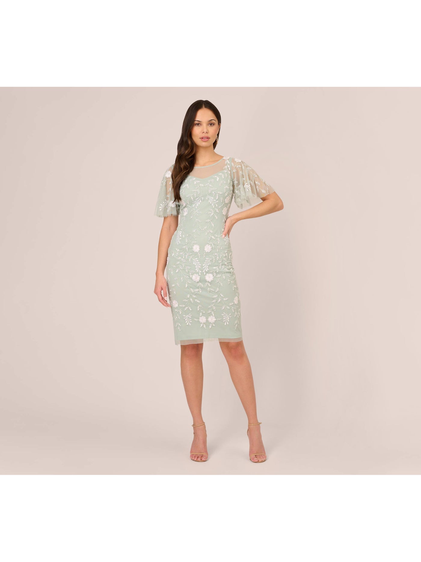 ADRIANNA PAPELL Womens Green Embroidered Zippered Illusion Lined Sheer Floral Flutter Sleeve Boat Neck Knee Length Cocktail Sheath Dress 2