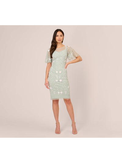 ADRIANNA PAPELL Womens Green Embroidered Zippered Illusion Lined Sheer Floral Flutter Sleeve Boat Neck Knee Length Cocktail Sheath Dress 4