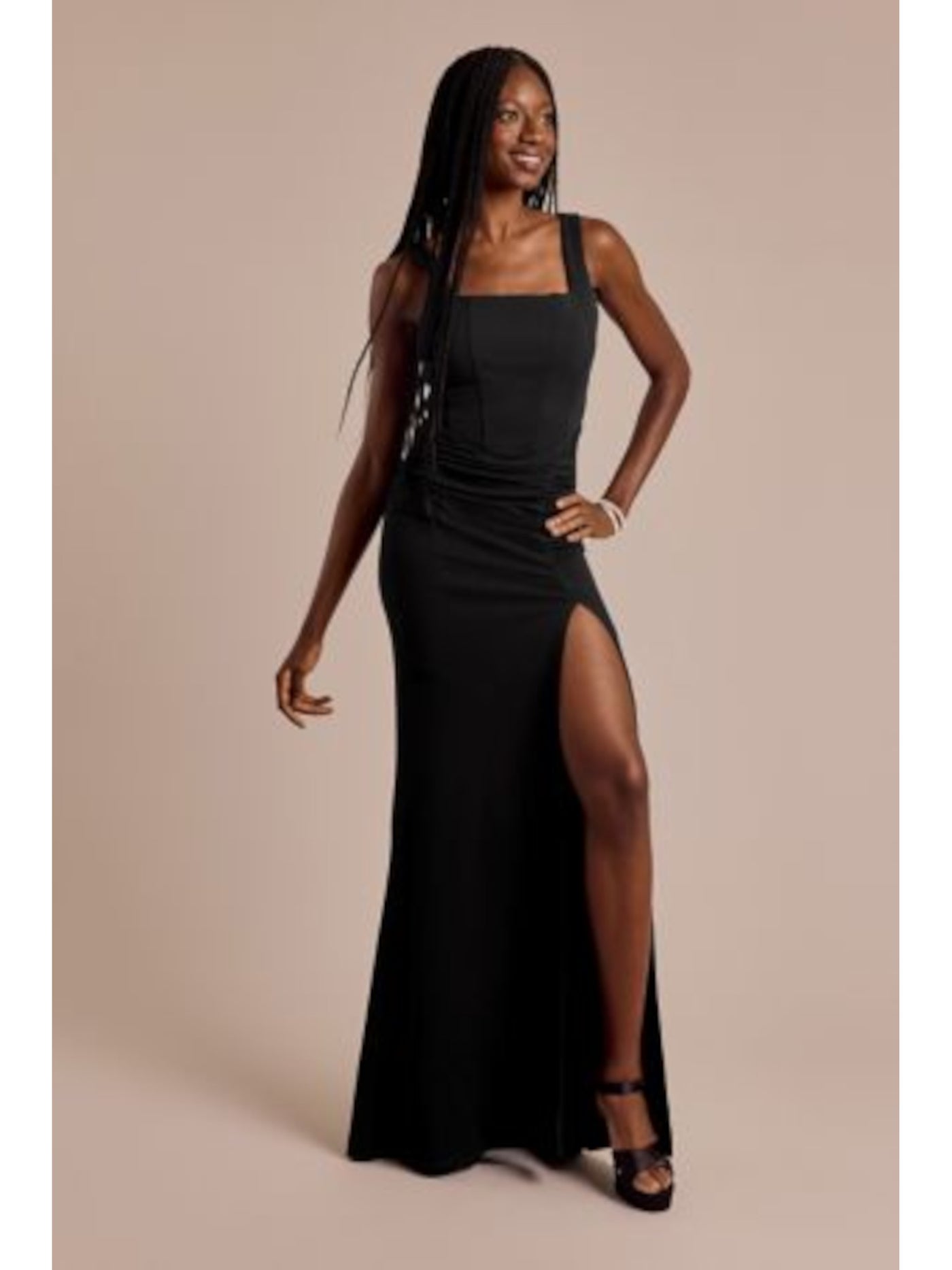 EMERALD SUNDAE Womens Black Zippered Ruched Slitted Lined Corset Style Sleeveless Square Neck Full-Length Evening Sheath Dress Juniors XXS