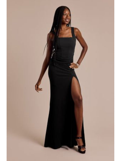 EMERALD SUNDAE Womens Black Zippered Ruched Slitted Lined Corset Style Sleeveless Square Neck Full-Length Evening Sheath Dress Juniors XXS