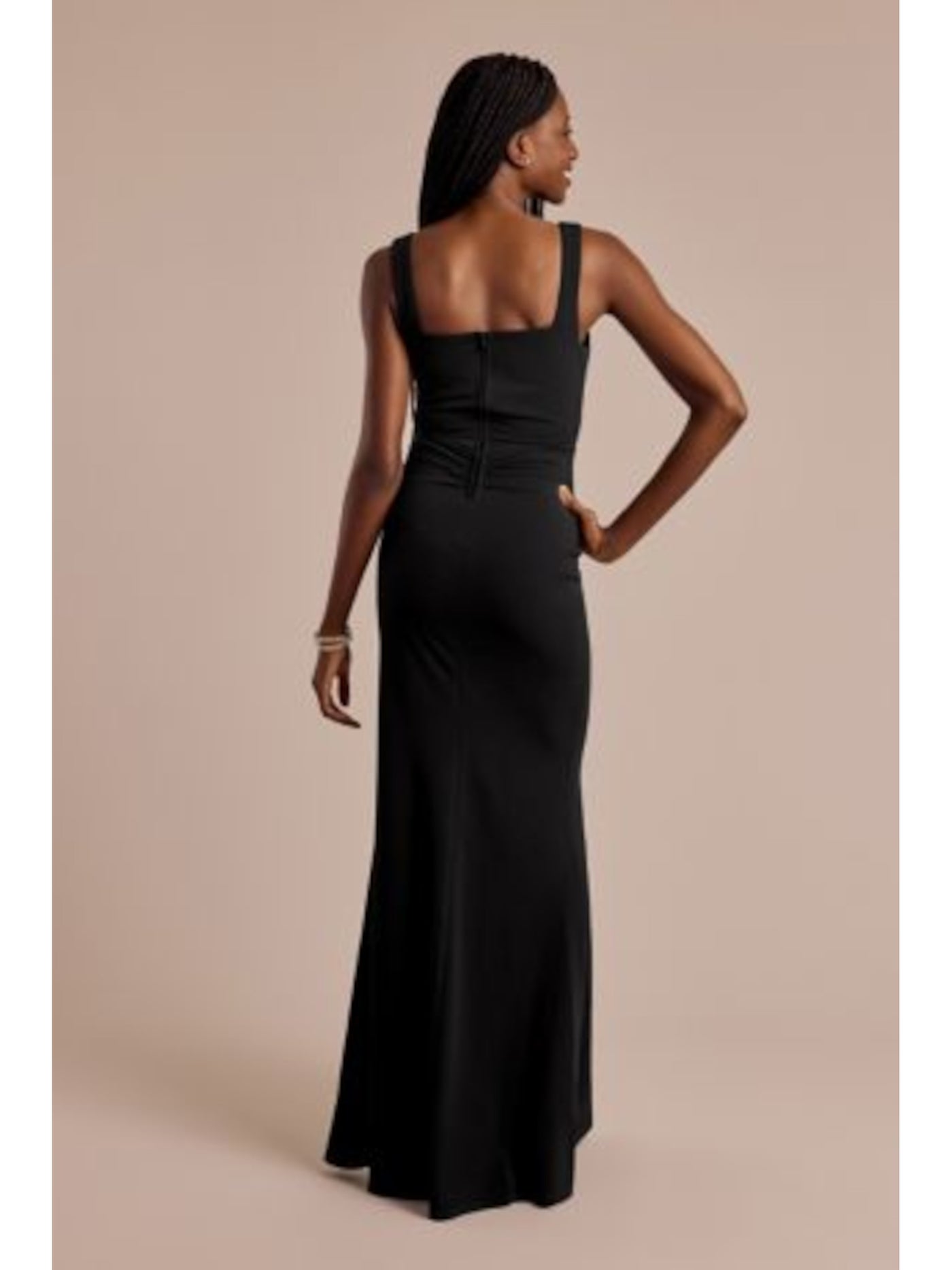 EMERALD SUNDAE Womens Black Zippered Ruched Slitted Lined Corset Style Sleeveless Square Neck Full-Length Evening Sheath Dress Juniors XXS