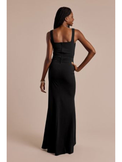 EMERALD SUNDAE Womens Black Zippered Ruched Slitted Lined Corset Style Sleeveless Square Neck Full-Length Evening Sheath Dress Juniors XXS