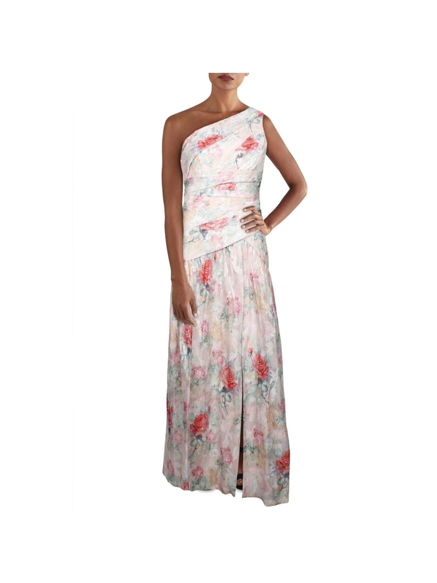 AIDAN MATTOX Womens Pink Embroidered Slitted One Shoulder Floral Sleeveless Asymmetrical Neckline Full-Length Evening Dress 2