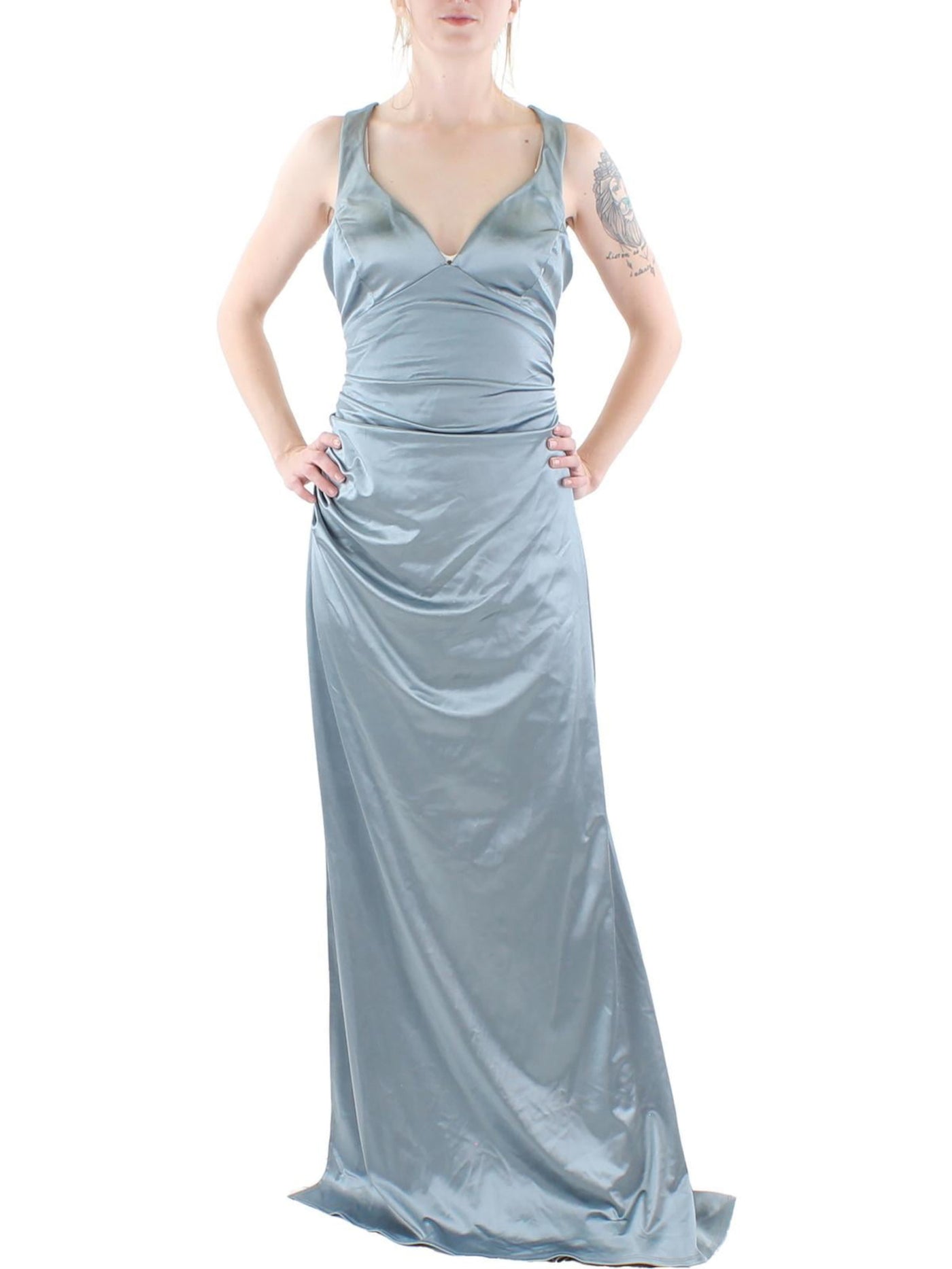 B DARLIN Womens Gray Stretch Zippered Slitted Satin Tie Crisscross Straps Sleeveless V Neck Full-Length Prom Gown Dress 17/18