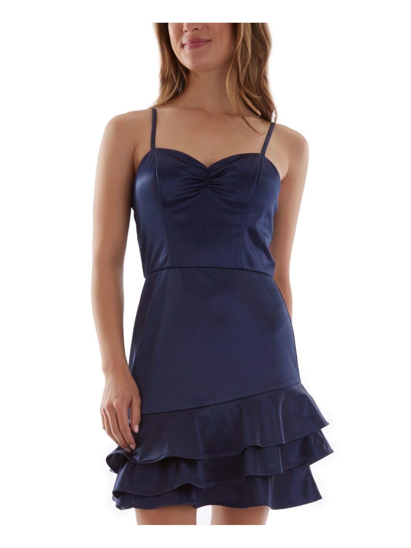 BCX DRESS Womens Navy Stretch Ruffled Zippered Cupped Pullover Spaghetti Strap Sweetheart Neckline Above The Knee Party Sheath Dress 1
