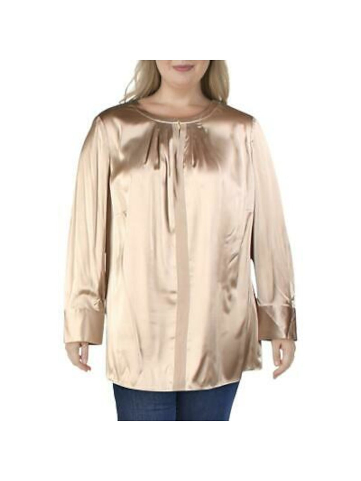 BASLER Womens Beige Pleated Silk Long Sleeve Keyhole Top Size: 8