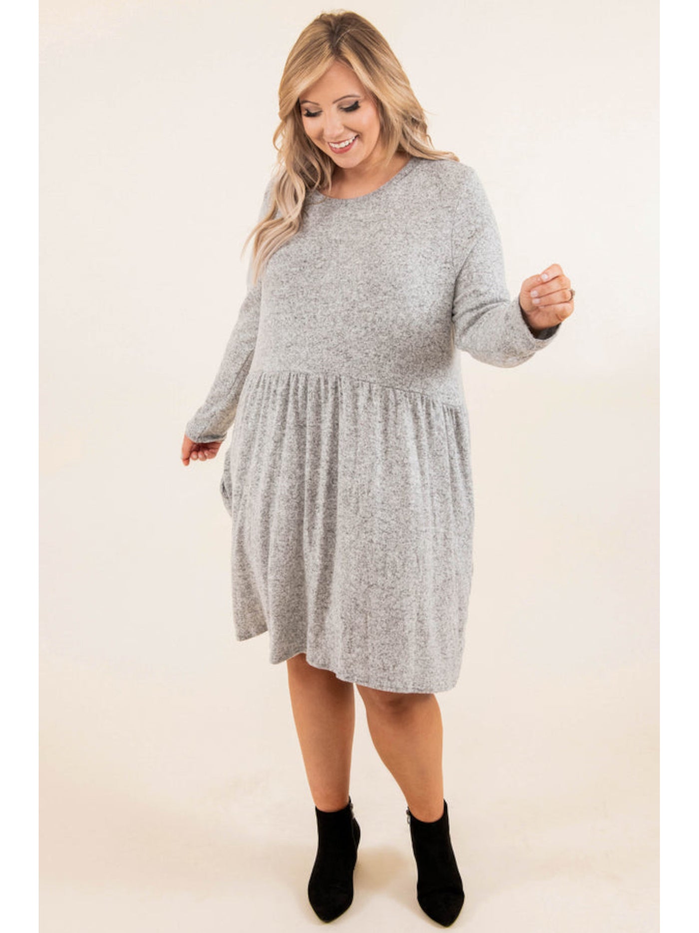 BEBOP Womens Gray Stretch Ribbed Pleated Pullover Long Sleeve Scoop Neck Short Baby Doll Dress XL