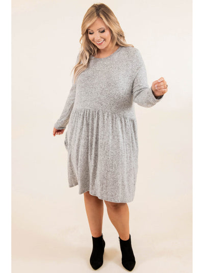 BEBOP Womens Gray Stretch Ribbed Pleated Pullover Long Sleeve Scoop Neck Short Baby Doll Dress XL