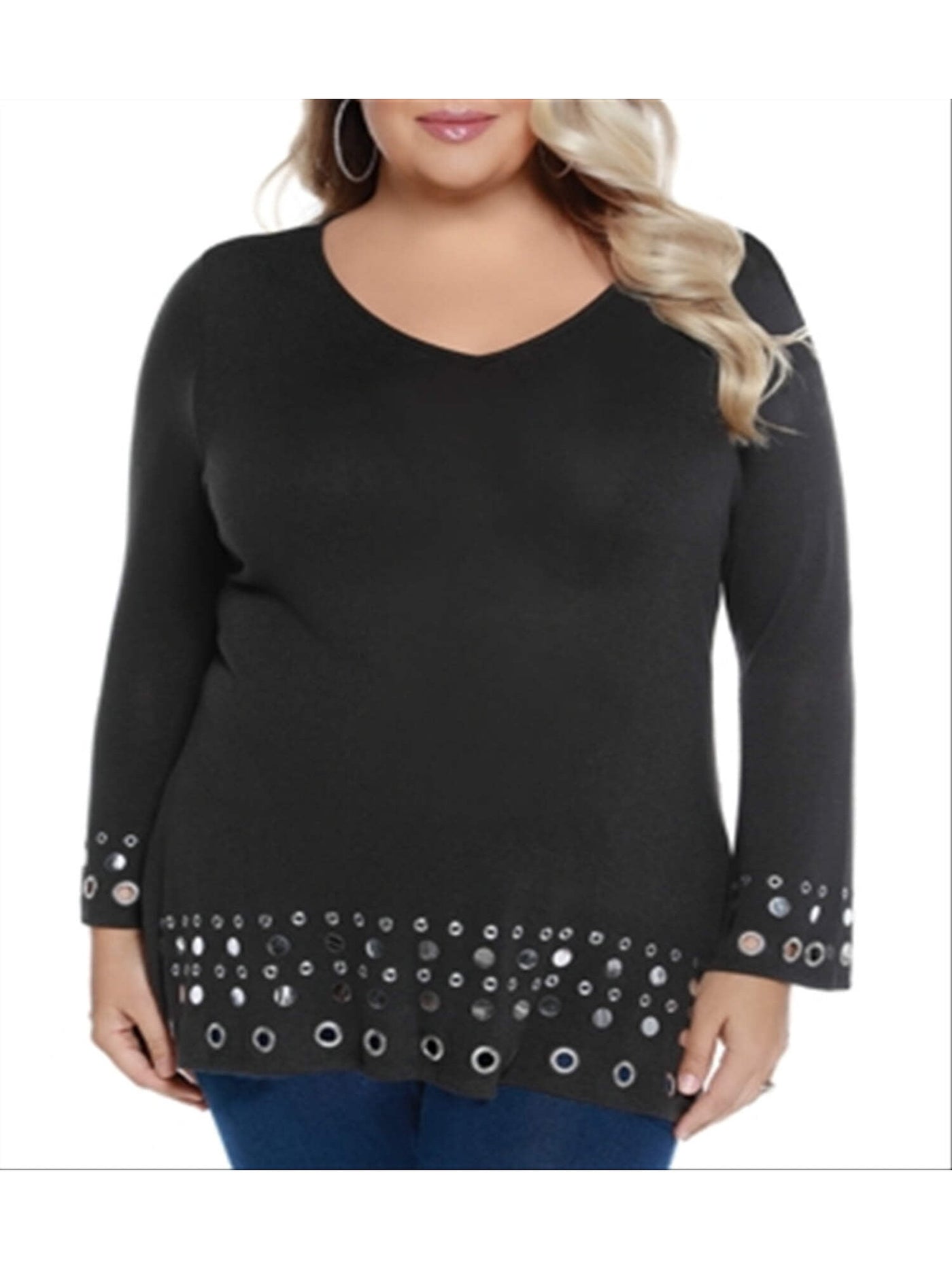 BELLDINI Womens Gray Embellished Pullover Heather Long Sleeve V Neck Tunic Top Plus 0X