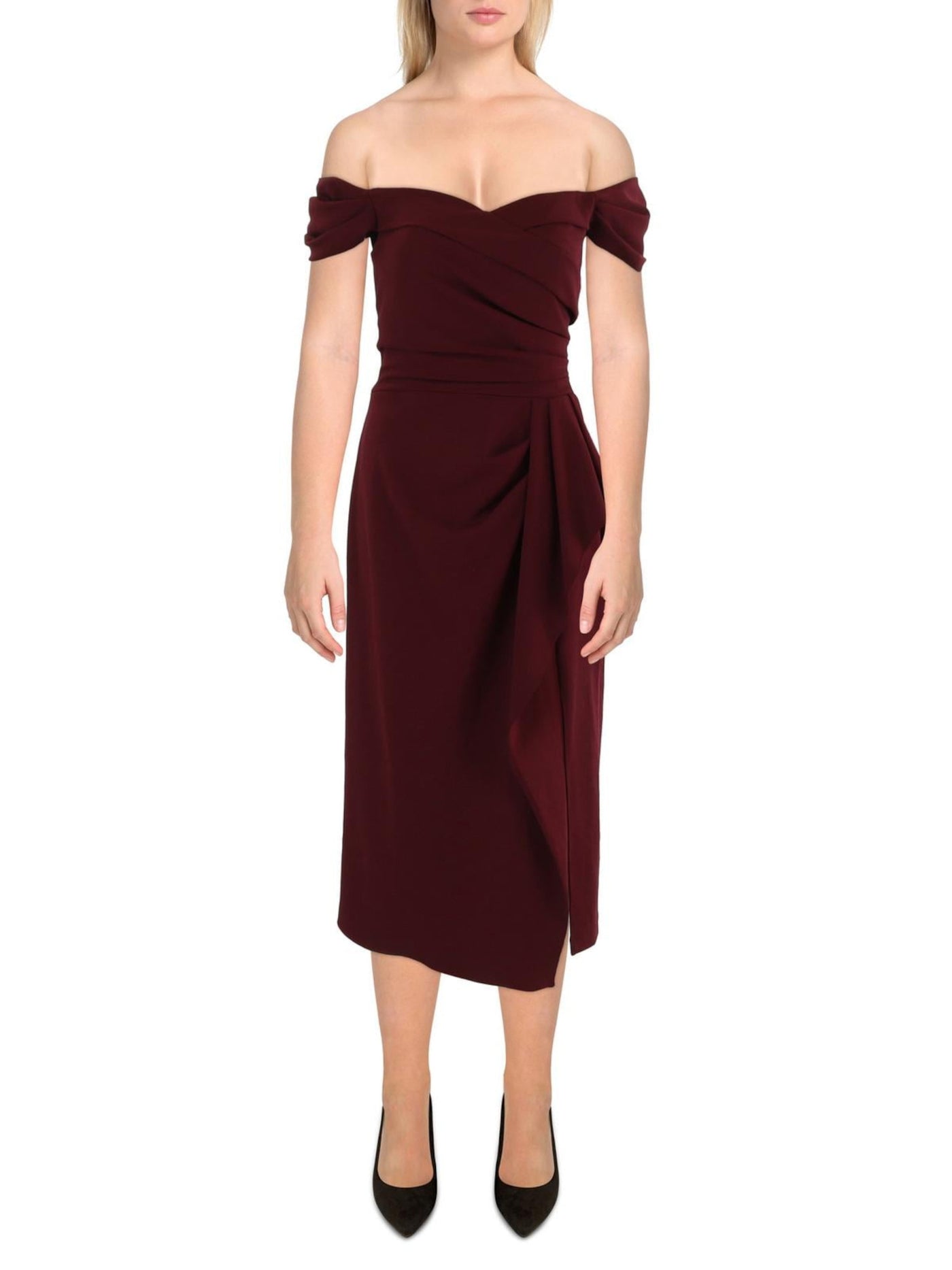 BETSY & ADAM Womens Burgundy Zippered Ruched Cascade Ruffle Slit Lined Short Sleeve Off Shoulder Midi Evening Sheath Dress 6