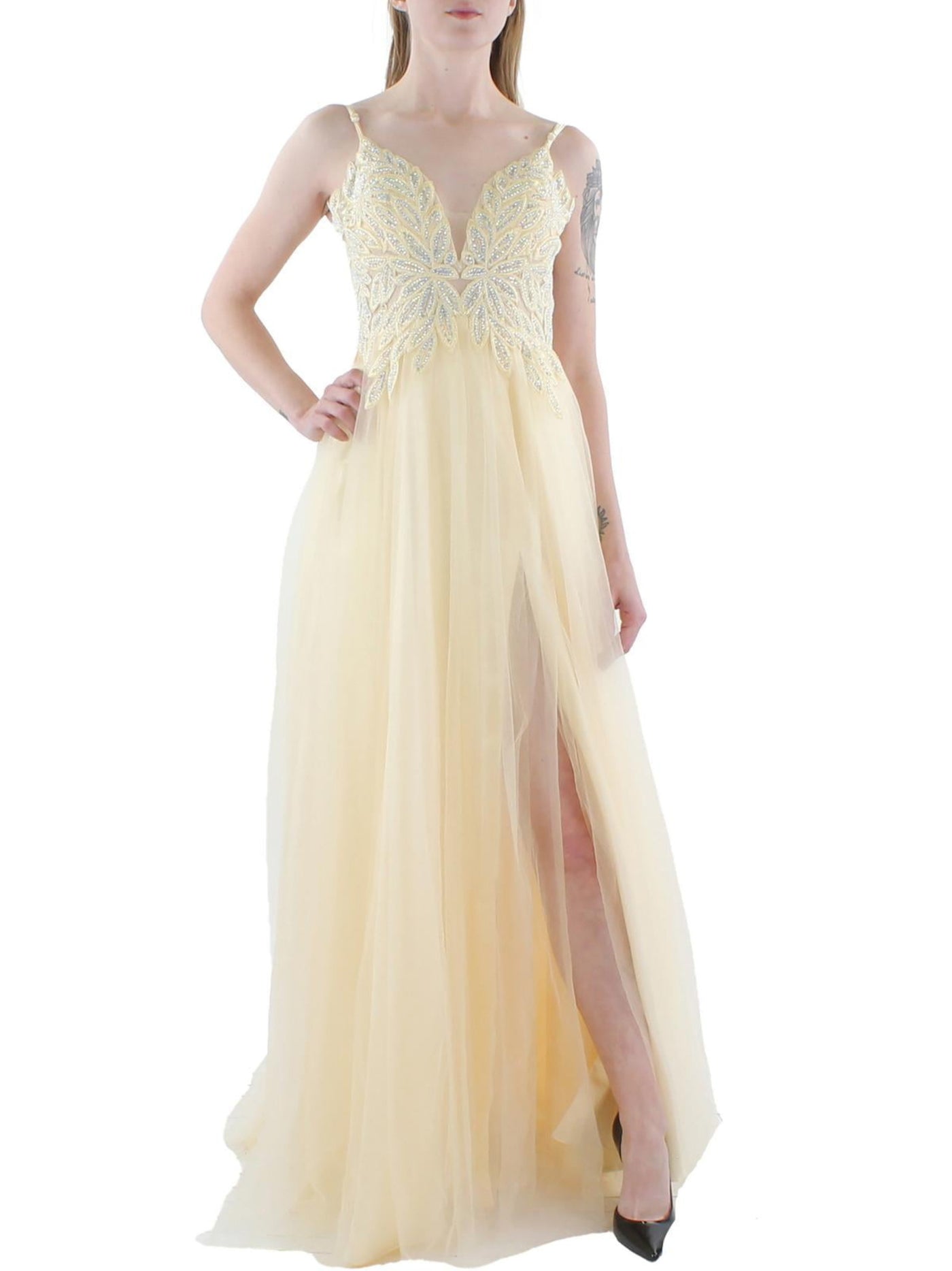 BLONDIE NITES Womens Yellow Beaded Zippered Adjustable Slitted Lined Floral Spaghetti Strap Sweetheart Neckline Full-Length Prom Gown Dress 1
