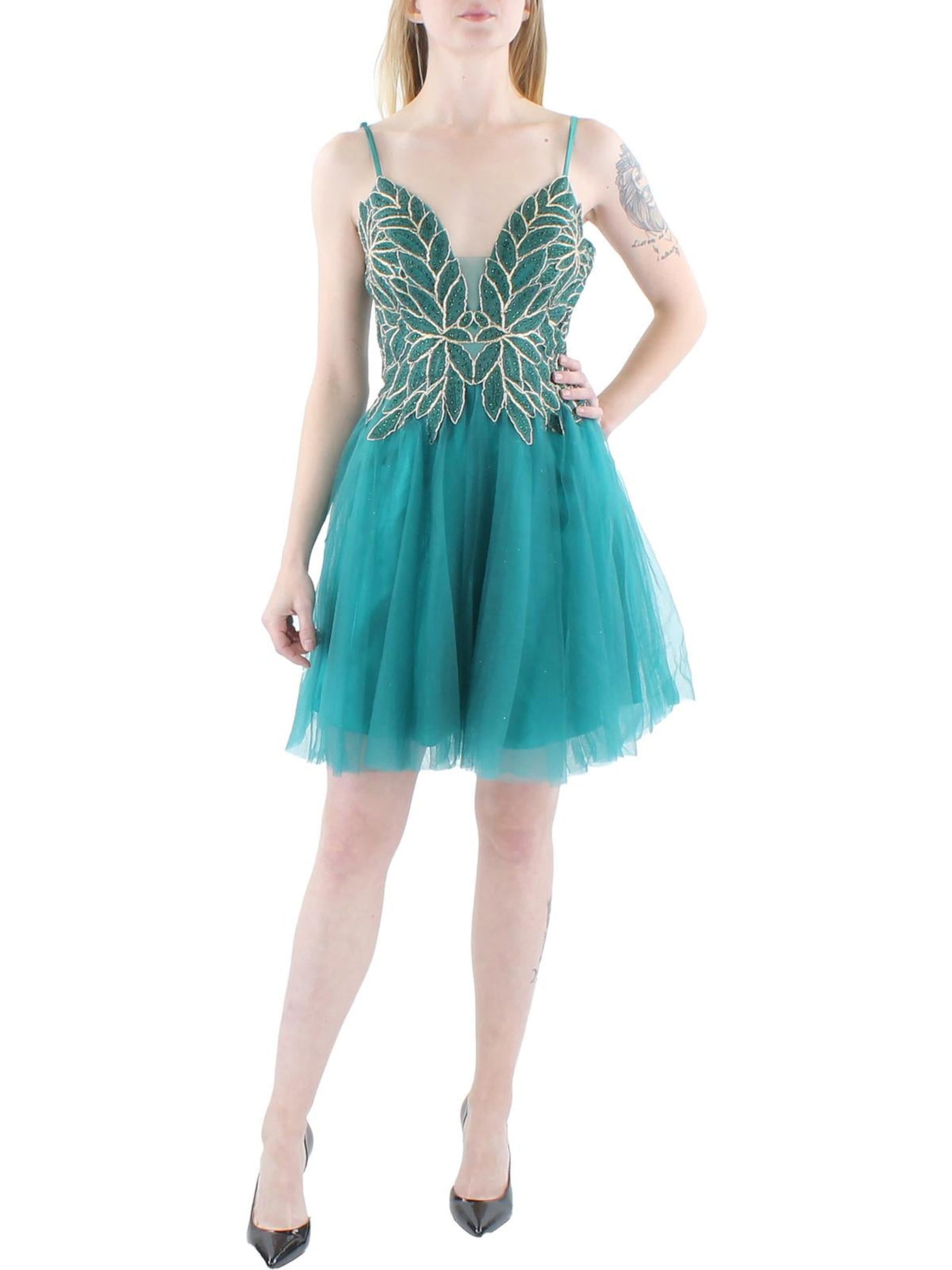 BLONDIE NITES Womens Green Embellished Zippered Sheer Back Padded Cups Sleeveless V Neck Above The Knee Party Fit + Flare Dress Juniors 3
