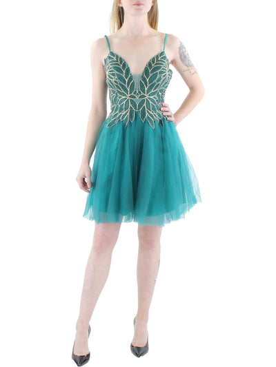 BLONDIE NITES Womens Green Embellished Zippered Sheer Back Padded Cups Sleeveless V Neck Above The Knee Party Fit + Flare Dress Juniors 3