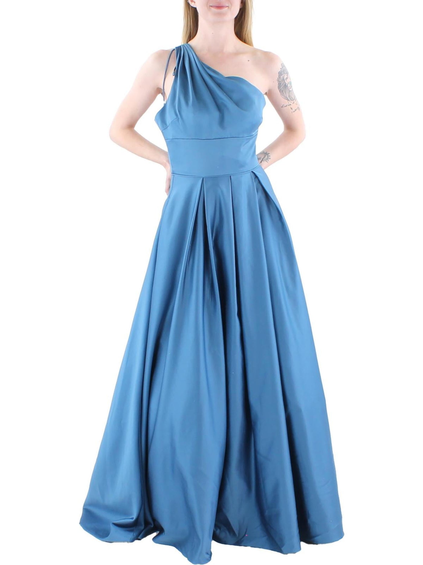 BLONDIE NITES Womens Blue Zippered Pocketed Pleated Lined Tulle Sleeveless Asymmetrical Neckline Full-Length Formal Gown Dress 5