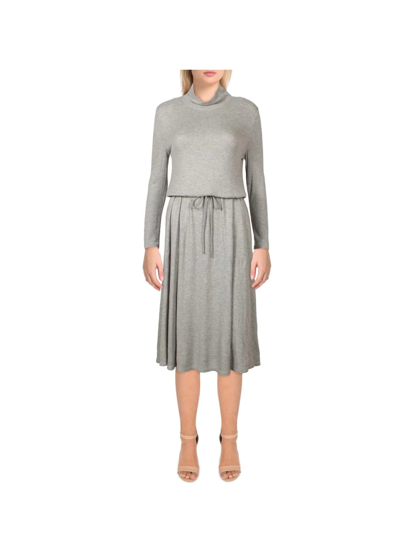 CALVIN KLEIN Womens Gray Stretch Ribbed Pocketed Drawstring Waist Heather Long Sleeve Mock Neck Below The Knee Shift Dress 2