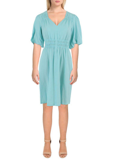 CALVIN KLEIN Womens Aqua Textured Smocked Pullover Pouf Sleeve V Neck Above The Knee Fit + Flare Dress 12