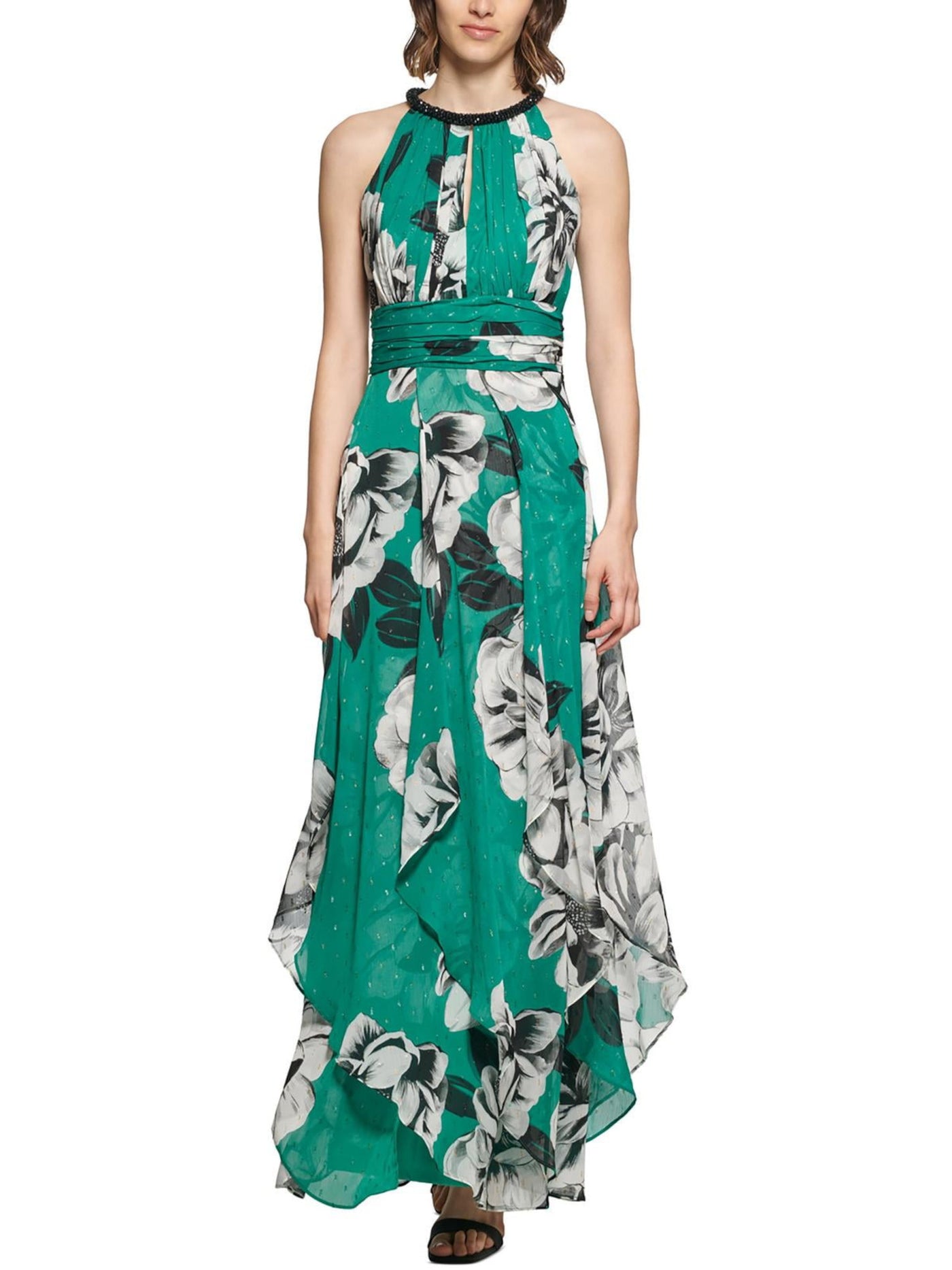 CALVIN KLEIN Womens Green Beaded Zippered Asymmetrical Hem Ruffled Pleated Floral Sleeveless Round Neck Full-Length Faux Wrap Dress 4