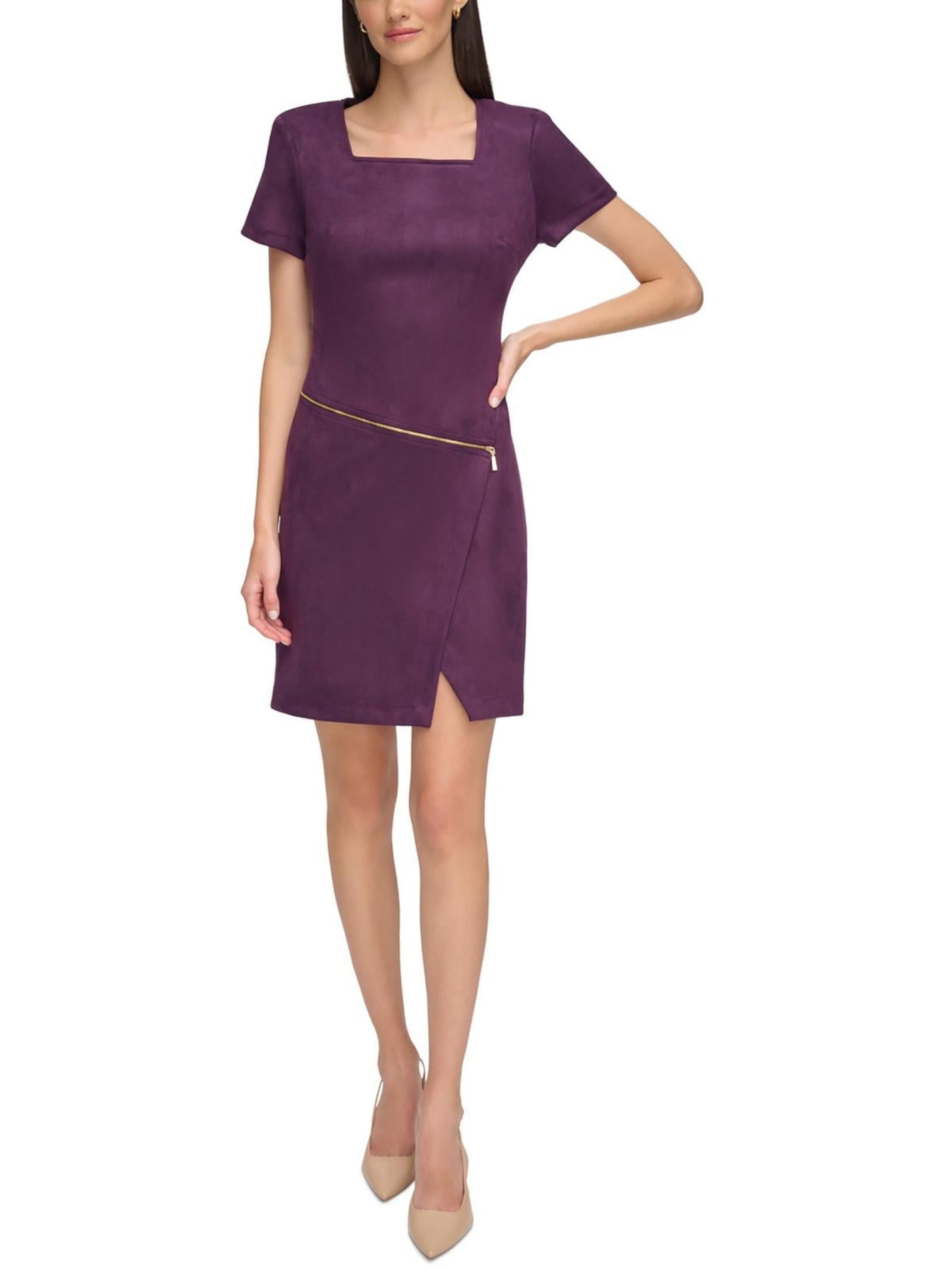 CALVIN KLEIN Womens Purple Zippered Asymmetrical Zip Notched Hem Short Sleeve Square Neck Short Wear To Work Sheath Dress 10