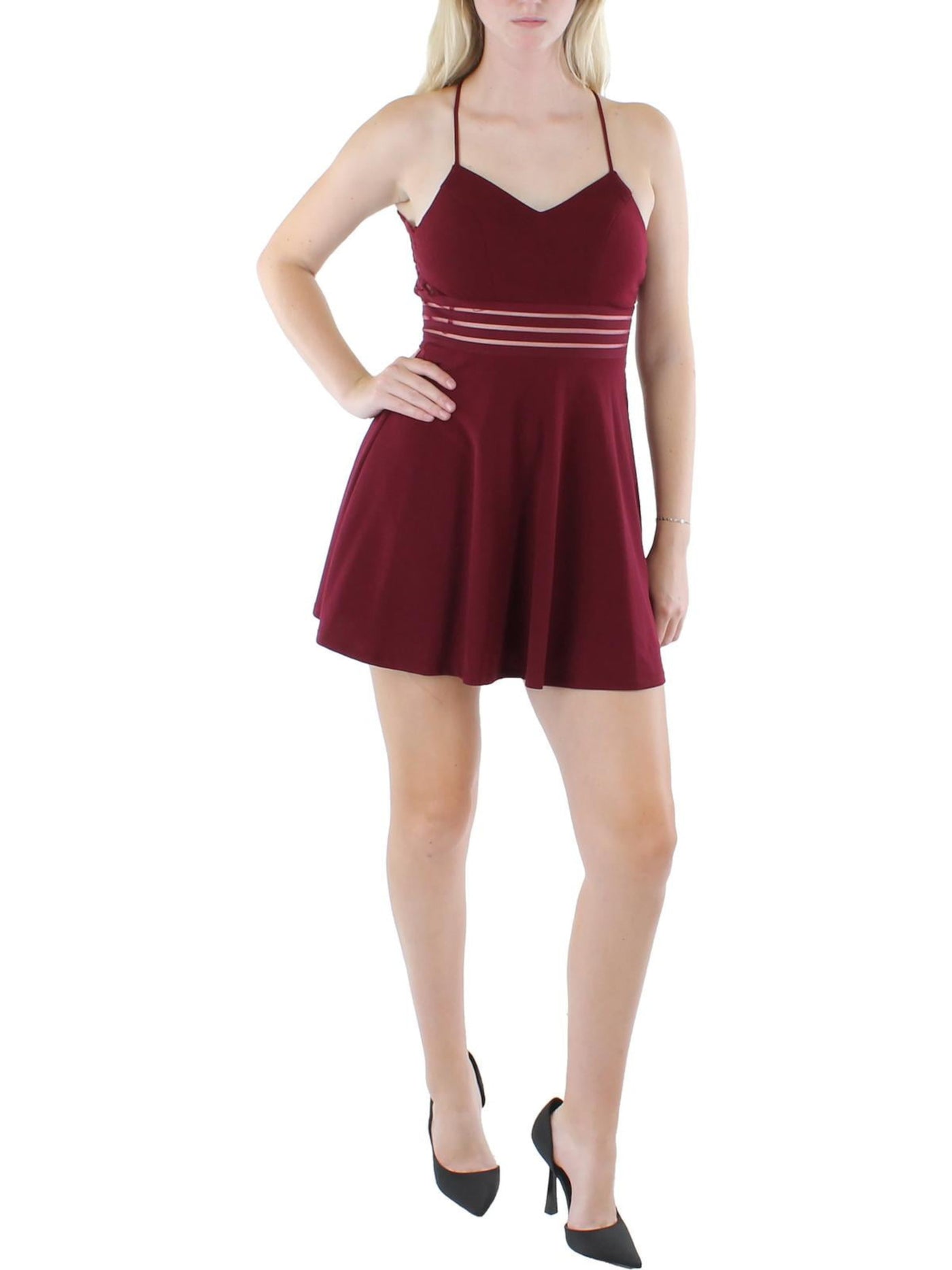 CITY STUDIO Womens Burgundy Stretch Zippered Glitter Lace Back Illusion Waist Spaghetti Strap V Neck Short Party Fit + Flare Dress 7