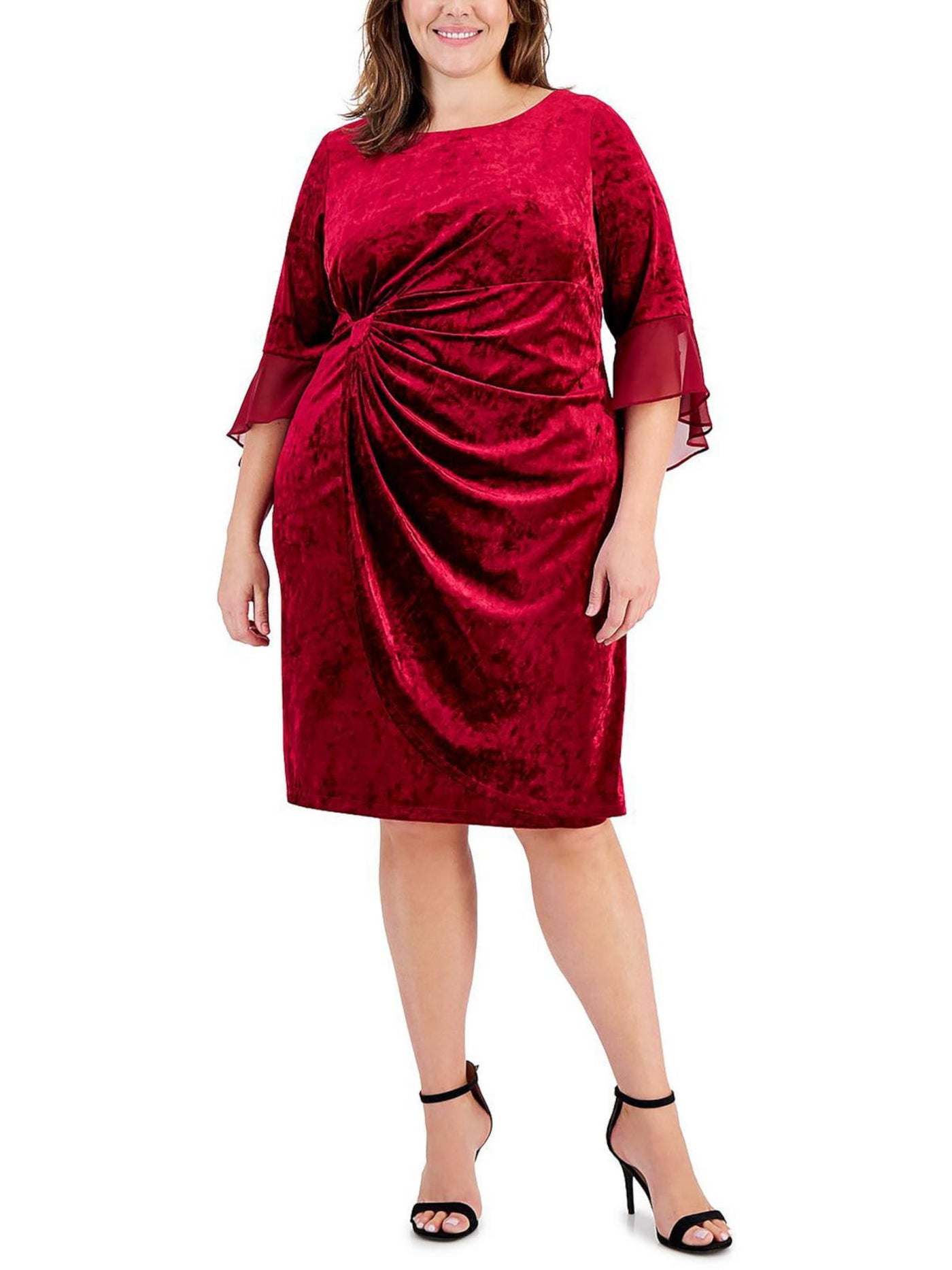 CONNECTED APPAREL Womens Red Pleated Draped Skirt Flounce Cuffs 3/4 Sleeve Jewel Neck Knee Length Party Sheath Dress 6