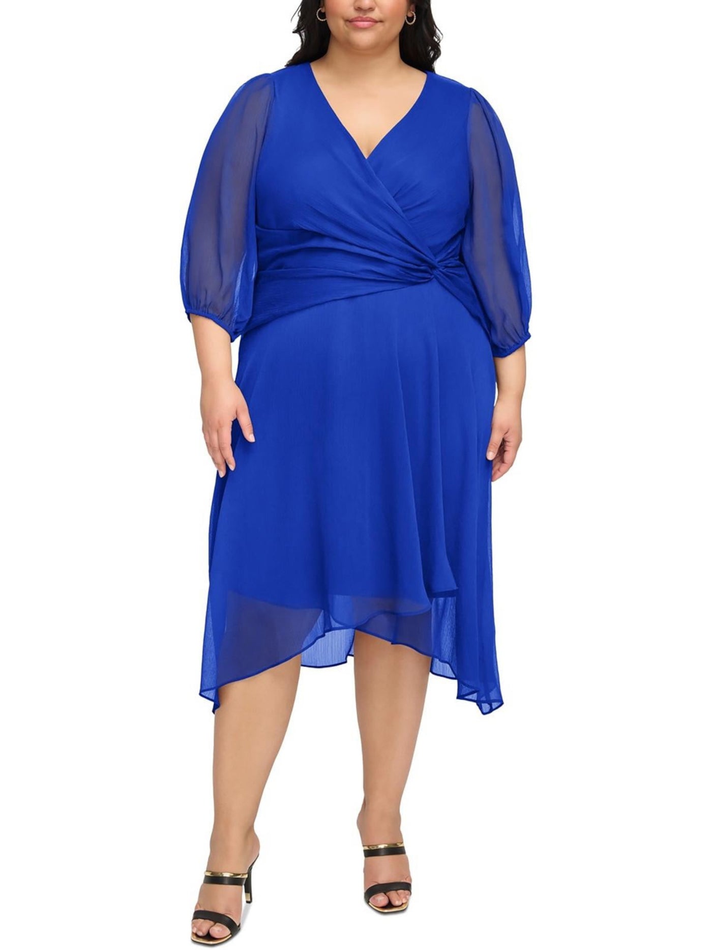 DKNY Womens Blue Zippered Lined Twist-side Hi-lo Hem Balloon Sleeve Surplice Neckline Midi Party Faux Wrap Dress Plus 18W