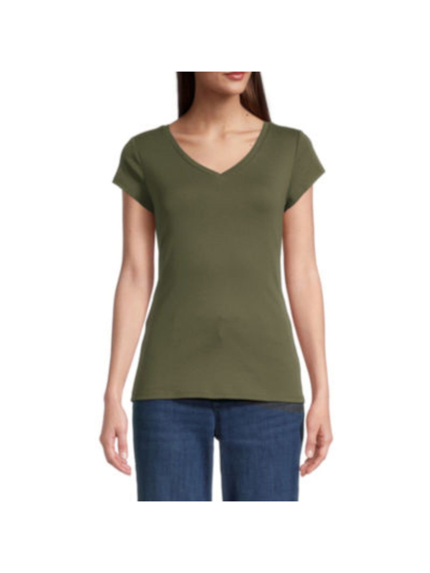 DOLAN Womens Green Stretch Ribbed Short Sleeve V Neck T-Shirt M