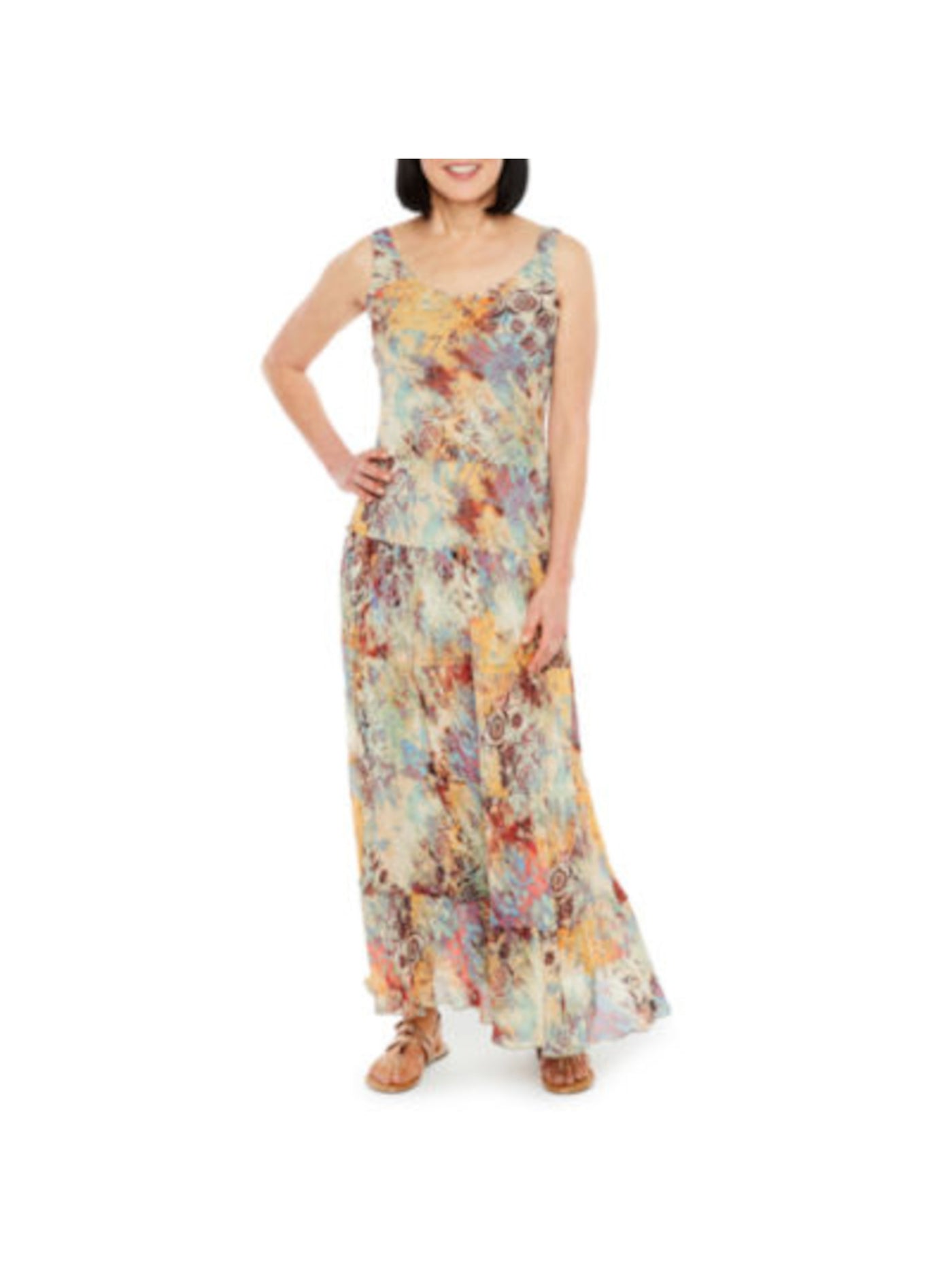NINE WEST Womens Green Lined Darted Pullover Sheer Fringed Floral Sleeveless Scoop Neck Maxi Fit + Flare Dress 14