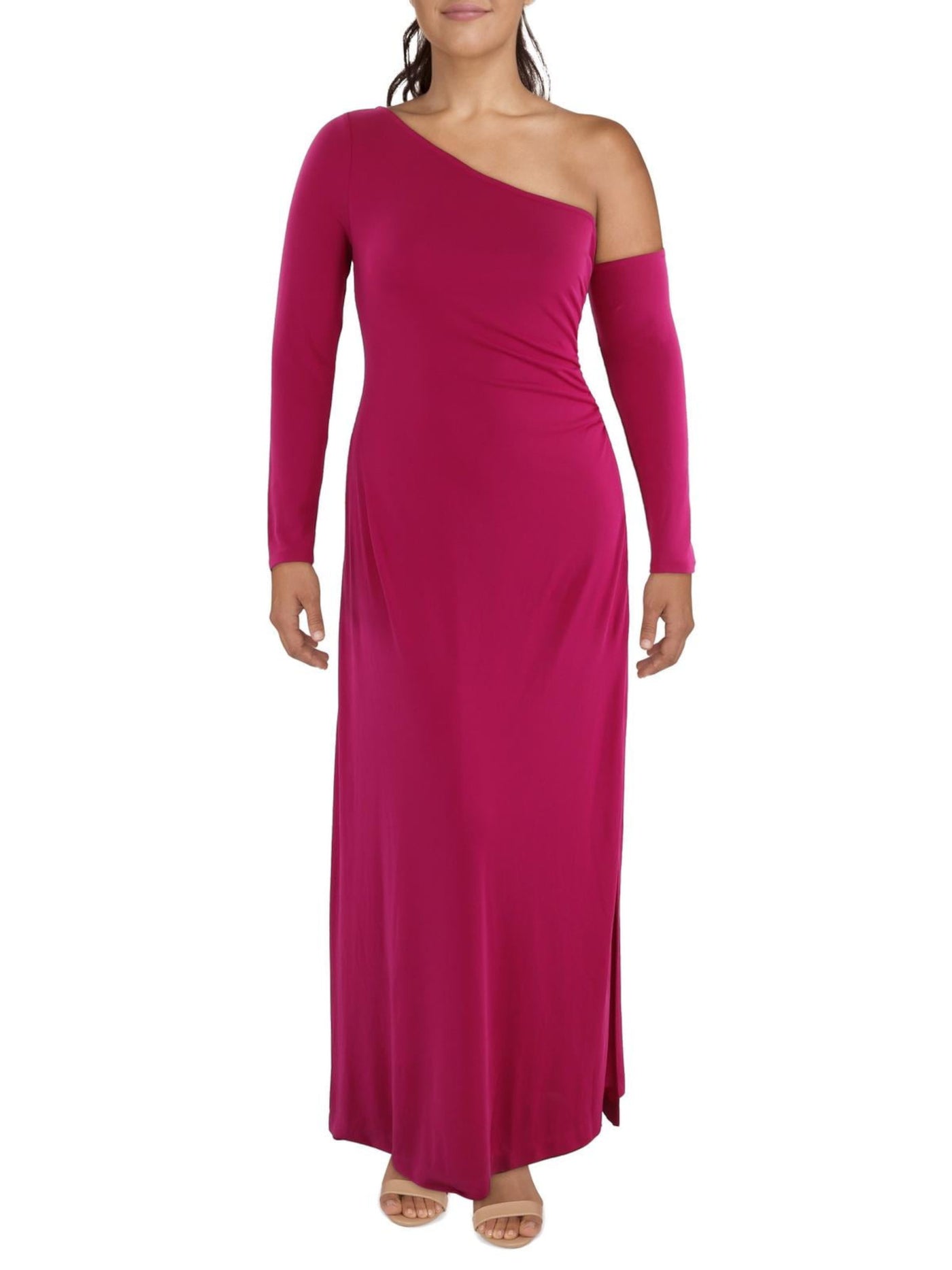 DONNA KARAN NEW YORK Womens Pink Stretch Ruched Slitted Lined Cold Shoulder Long Sleeve Asymmetrical Neckline Full-Length Evening Sheath Dress 4