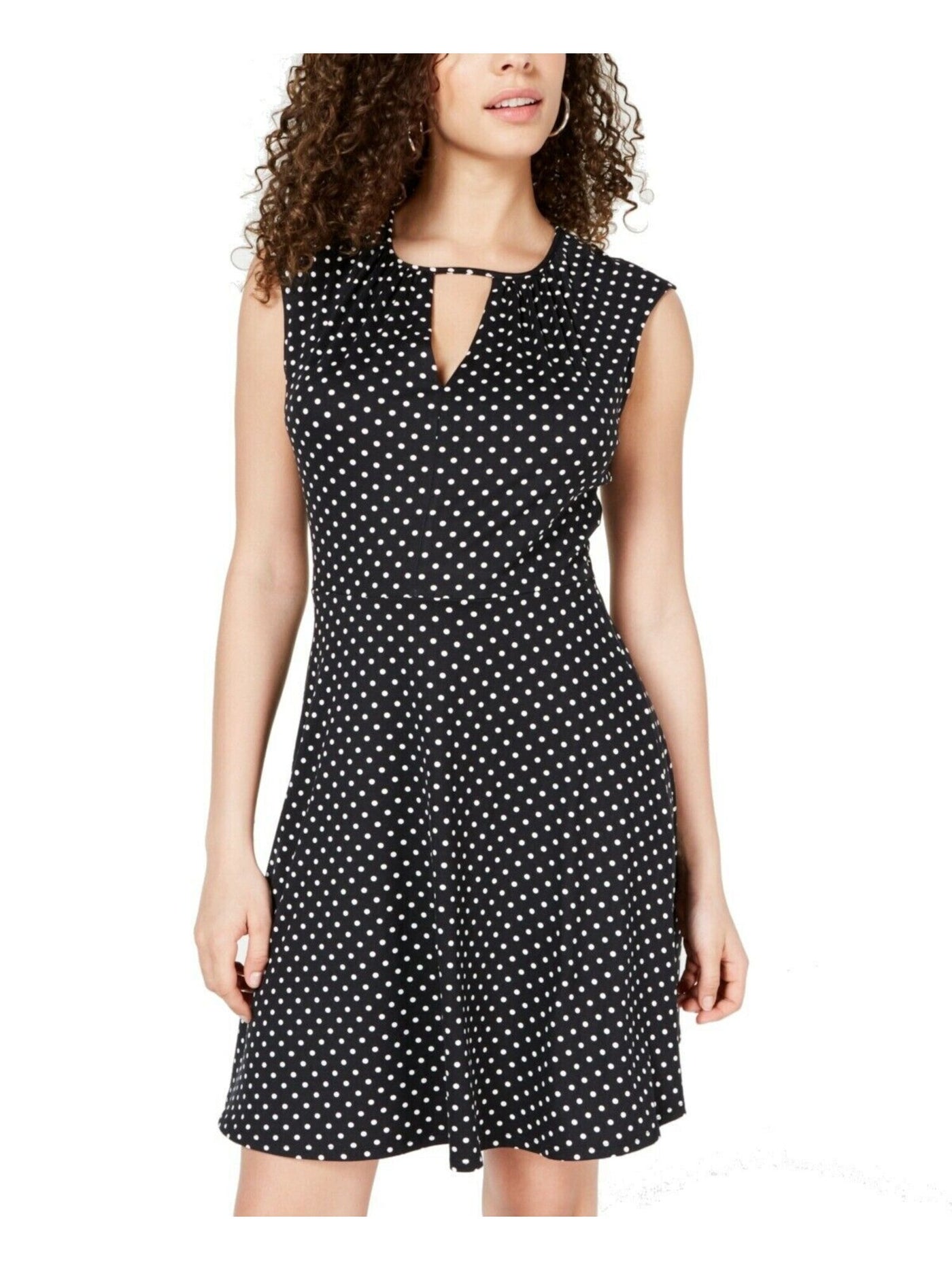 BEBOP Womens Black Stretch Tie Cut Out Unlined Polka Dot Sleeveless Keyhole Short Fit + Flare Dress XXS