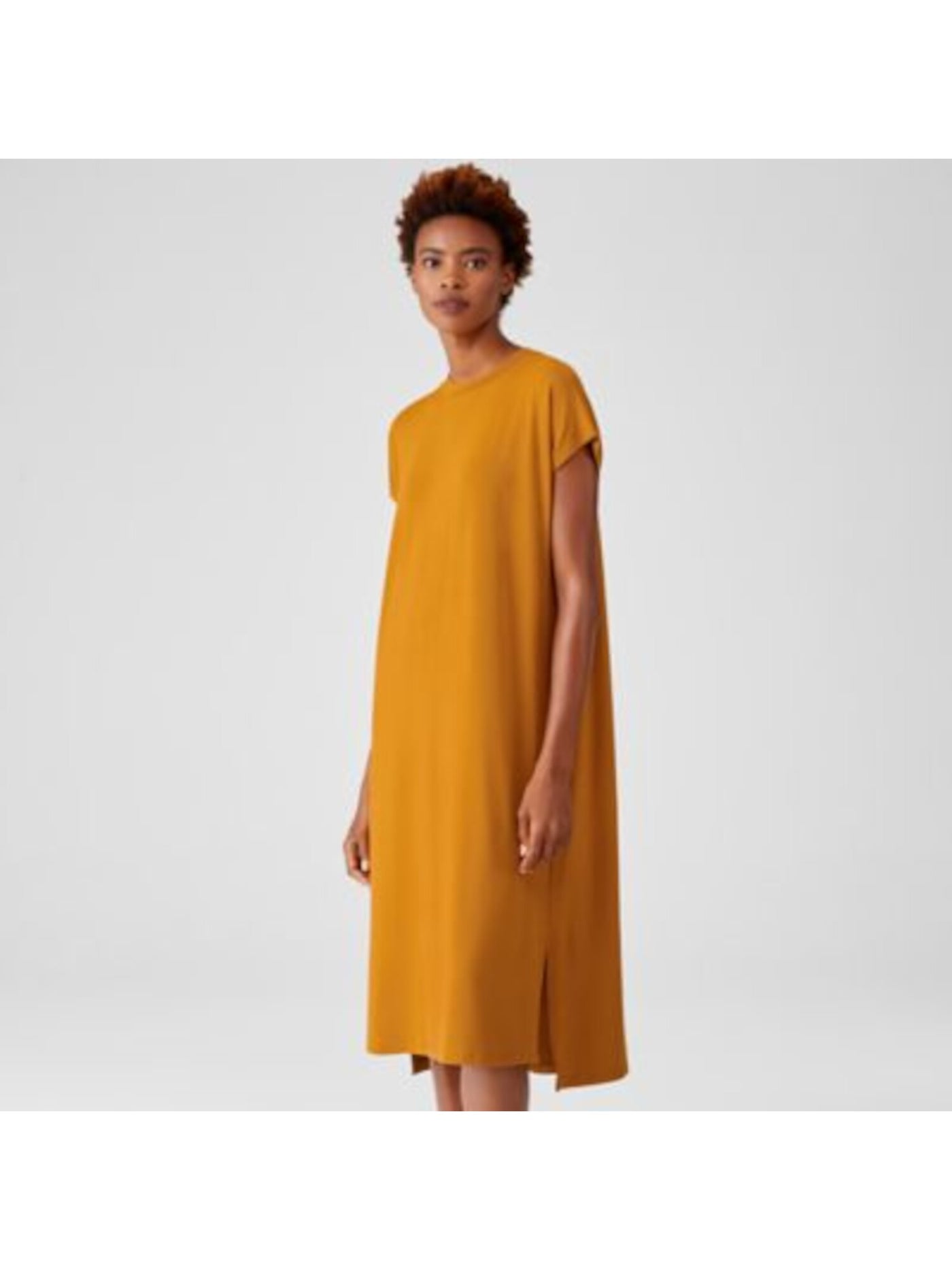 EILEEN FISHER Womens Gold Stretch Crew Neck Below The Knee Shift Dress XS