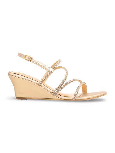 STYLO Womens Gold Mixed Media Metallic Padded Rhinestone Strappy Fn5802 Open Toe Wedge Dress Sandals Shoes 38
