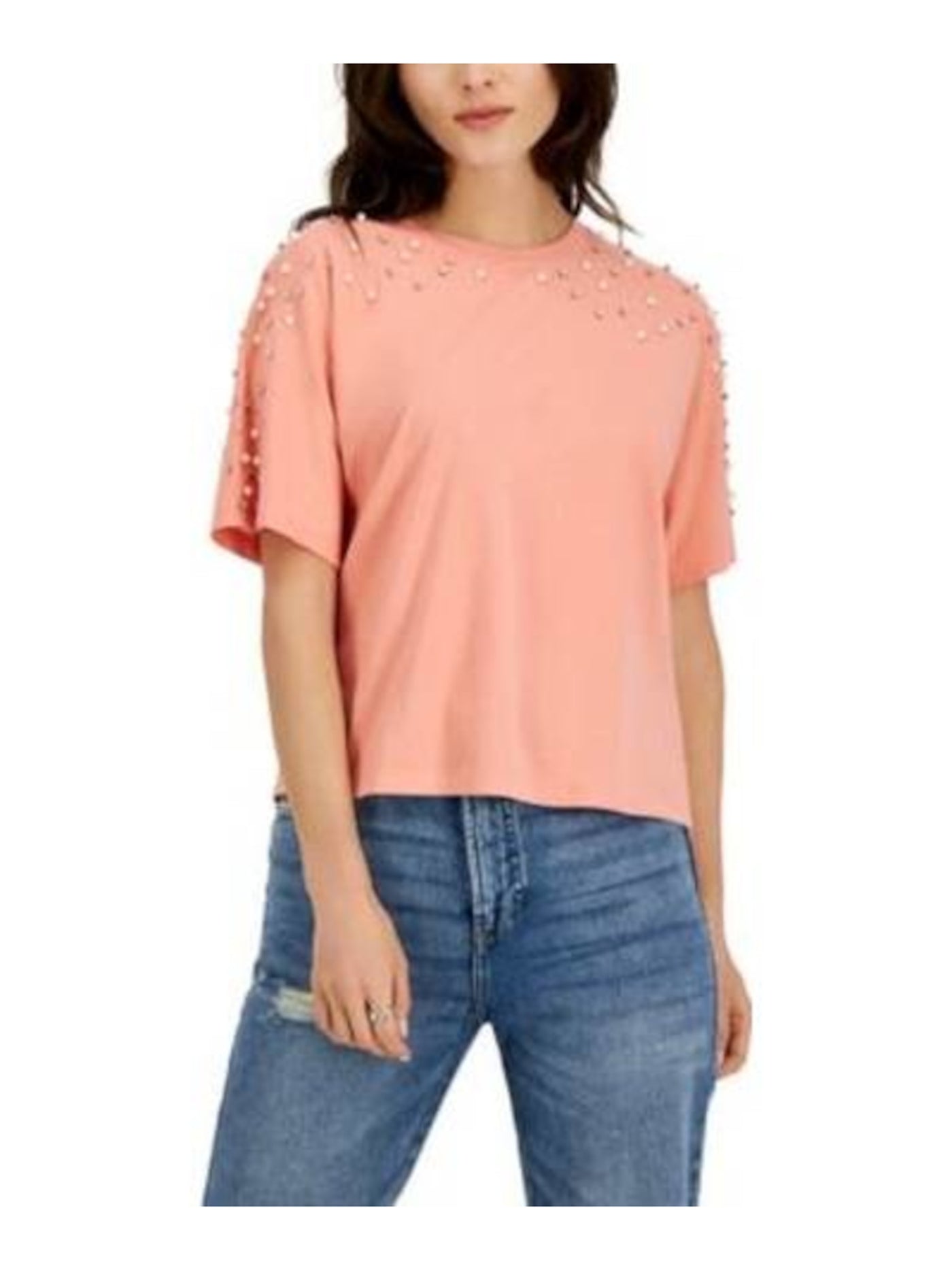 INC Womens Orange Embellished Short Length Dolman Sleeve Crew Neck Top M