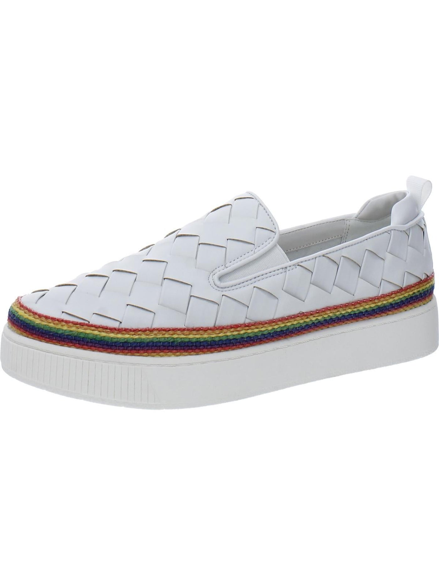FRANCO SARTO Womens White Colorblocked Stripe Heel Pull-Tab Removable Padded Footbed Woven Goring Homer 3 Almond Toe Platform Slip On Sneakers Shoes 8.5 M