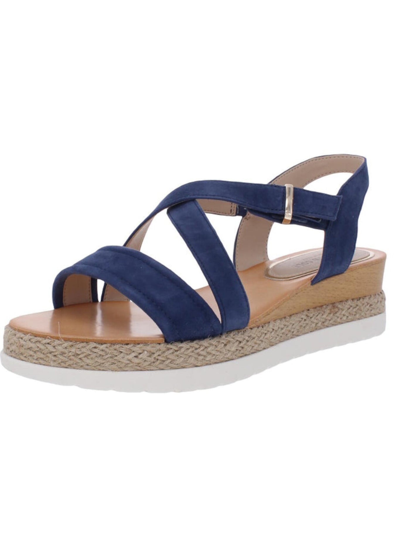 KENNETH COLE NEW YORK Womens Blue 1" Platform Jute Wrapped Crisscross Straps Buckle Accent Cushioned Adjustable Jules Round Toe Wedge Slip On Leather Slingback Sandal 5.5 M