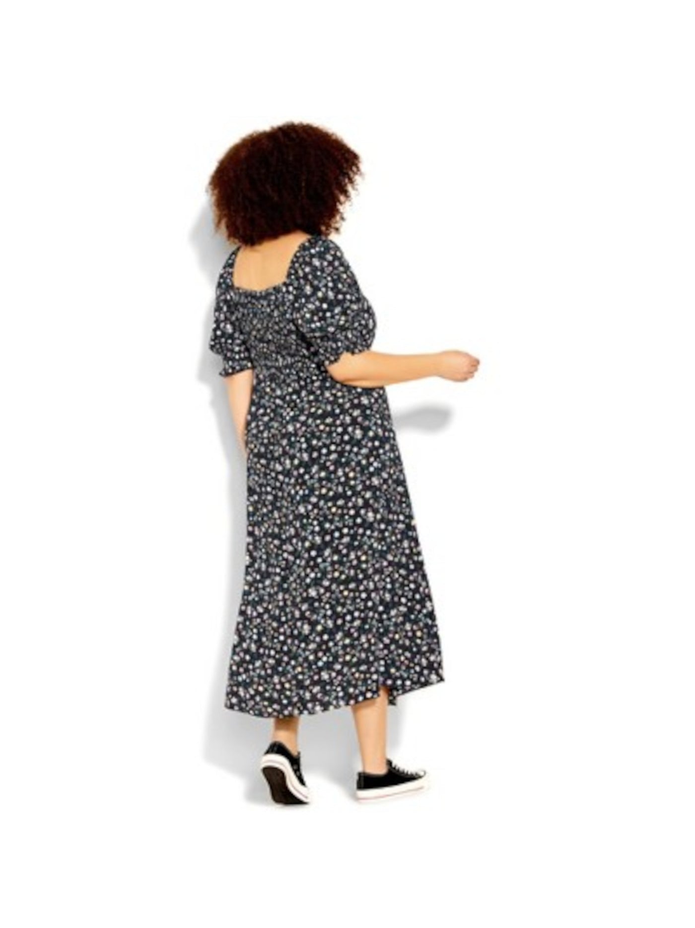 CCX Womens Black Smocked Pocketed Drawstring Front Square Back Floral Pouf Sleeve Square Neck Maxi Fit + Flare Dress Plus S\16