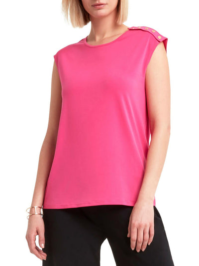 H HALSTON Womens Pink Unlined Button Detail Cap Sleeve Crew Neck Top S