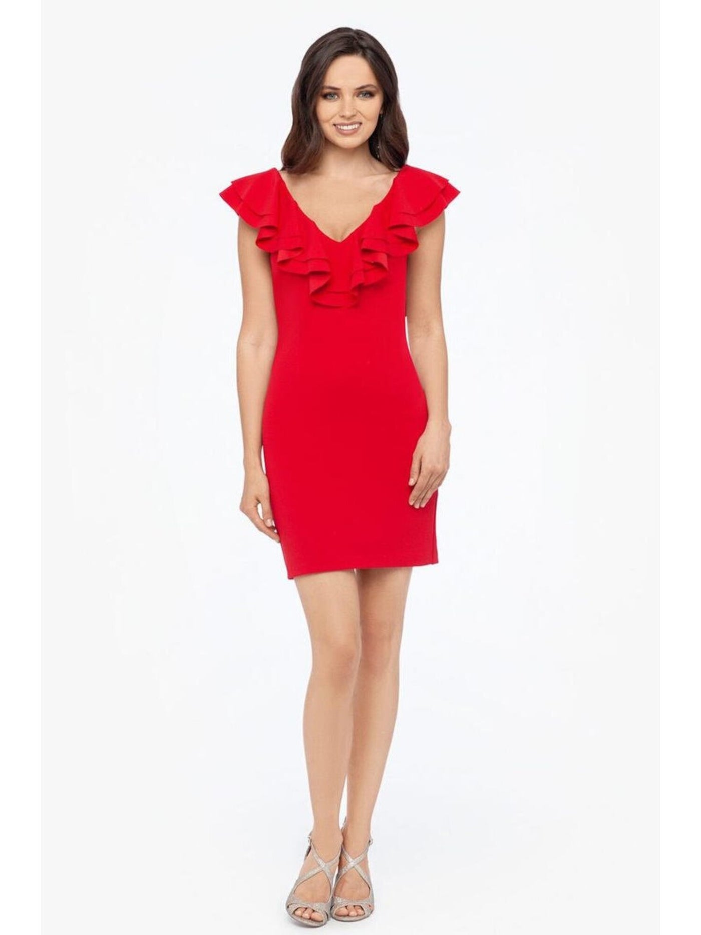 BLONDIE Womens Red Ruffled Zippered Flutter V Neck Short Party Sheath Dress 13