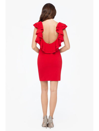 BLONDIE Womens Red Ruffled Zippered Flutter V Neck Short Party Sheath Dress 3