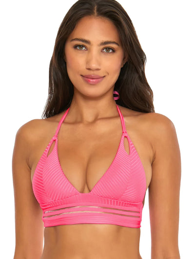 ISABELLA ROSE Women's Pink Ribbed Stretch Keyhole Queensland Halter Swimwear Top S\P