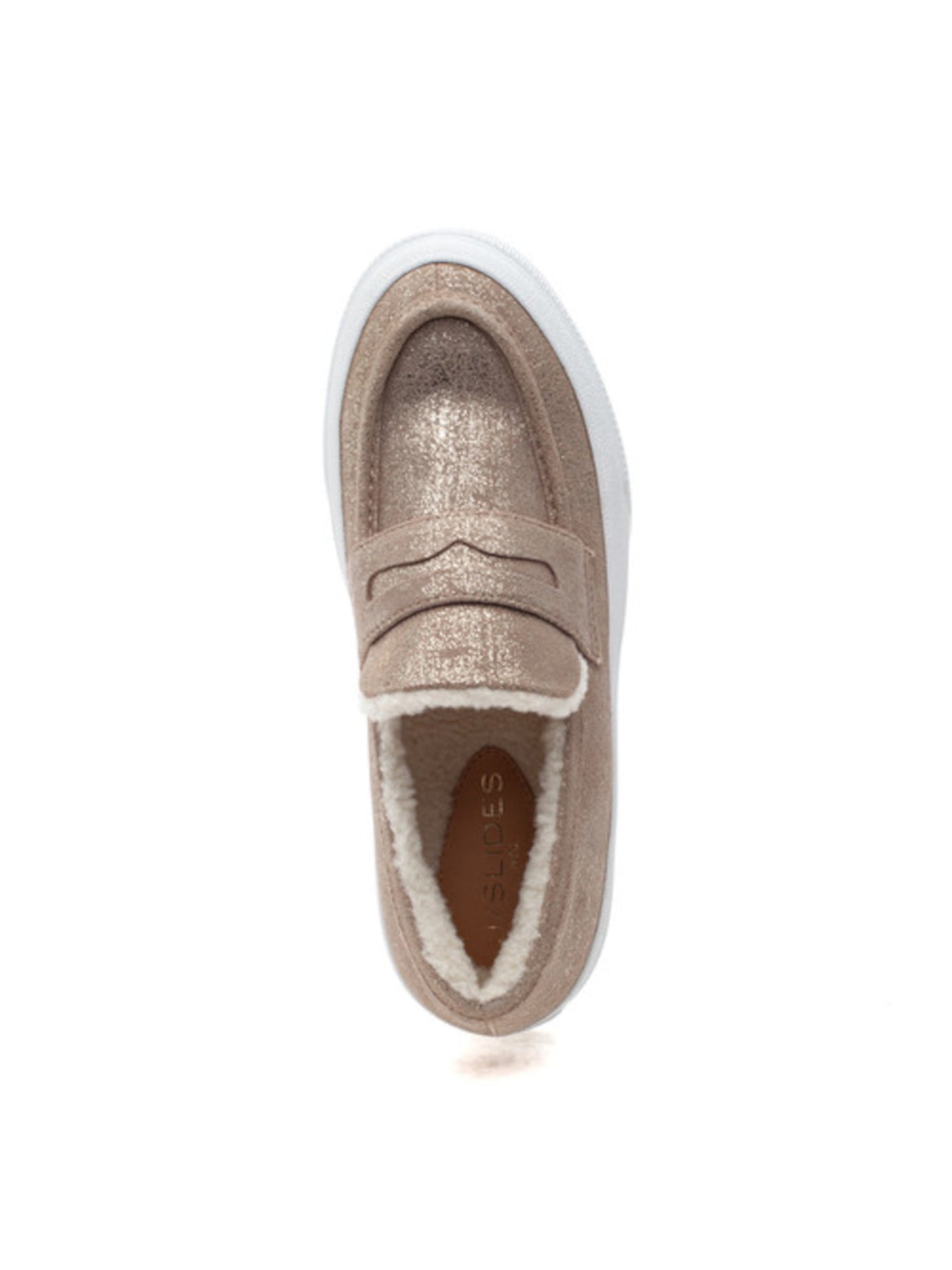 J SLIDES Womens Beige Gold Flake Penny Strap Notched Apron Toe Loafer Cushioned Removable Insole Giles Almond Toe Platform Slip On Leather Sneakers Shoes 7.5 M