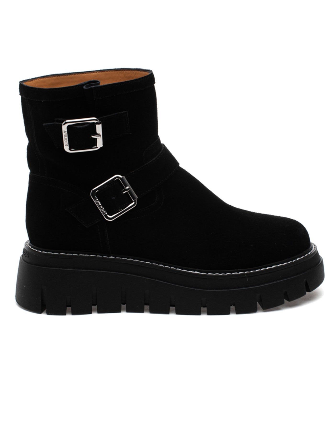 J SLIDES Womens Black Cushioned Buckle Accent Lug Sole Texas Round Toe Wedge Zip-Up Leather Moto 7 M