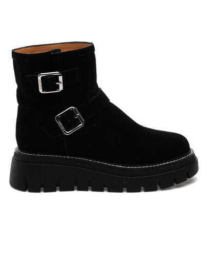 J SLIDES Womens Black Cushioned Buckle Accent Lug Sole Texas Round Toe Wedge Zip-Up Leather Moto 7 M