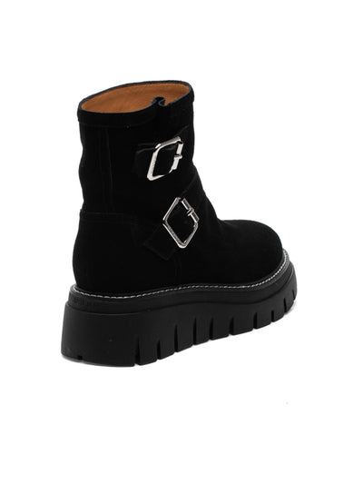 J SLIDES Womens Black Cushioned Buckle Accent Lug Sole Texas Round Toe Wedge Zip-Up Leather Moto 7 M