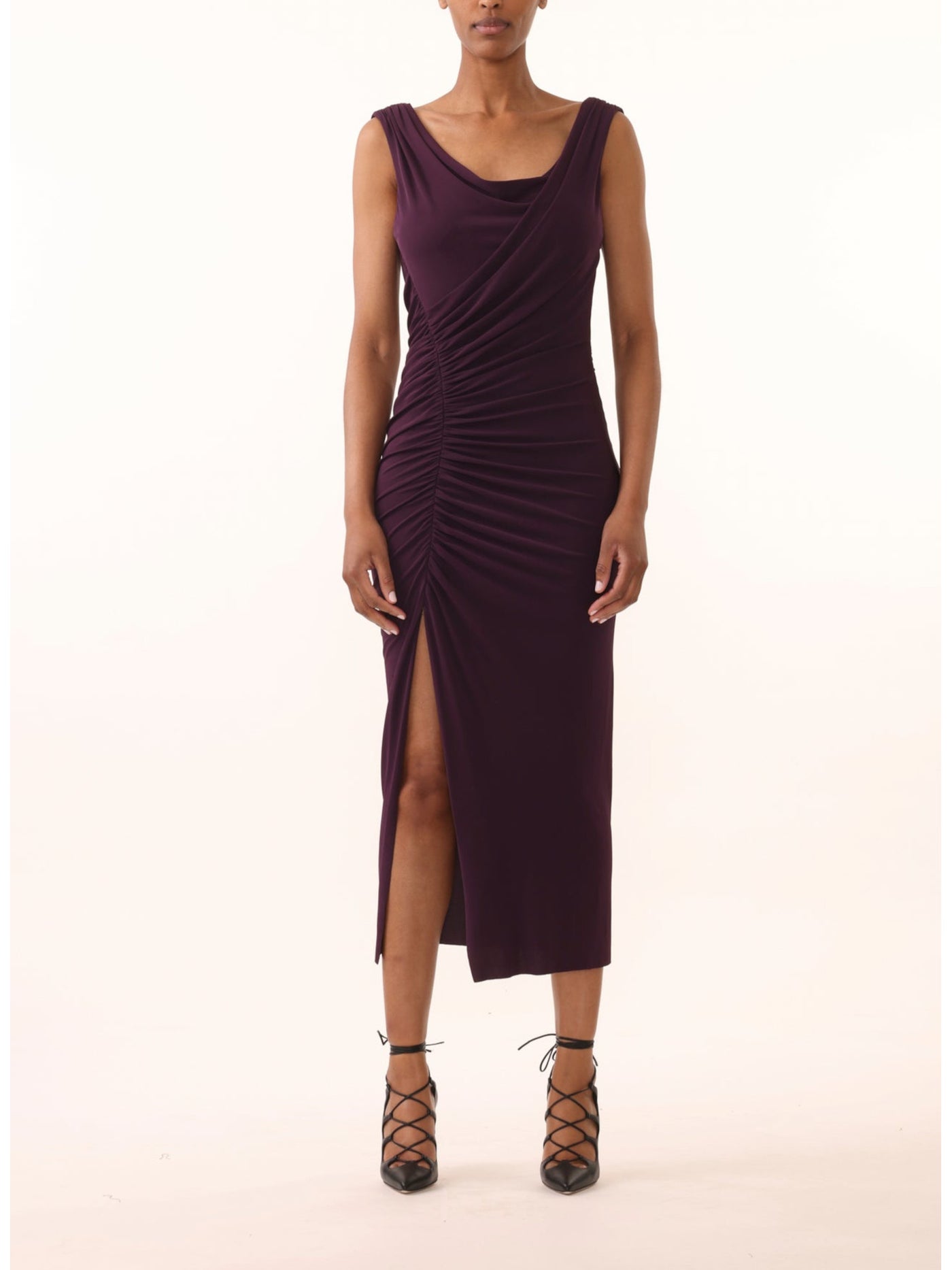 JASON WU Womens Purple Ruched Zippered Low Draped Back Slit Front Sleeveless Cowl Neck Midi Evening Sheath Dress 10