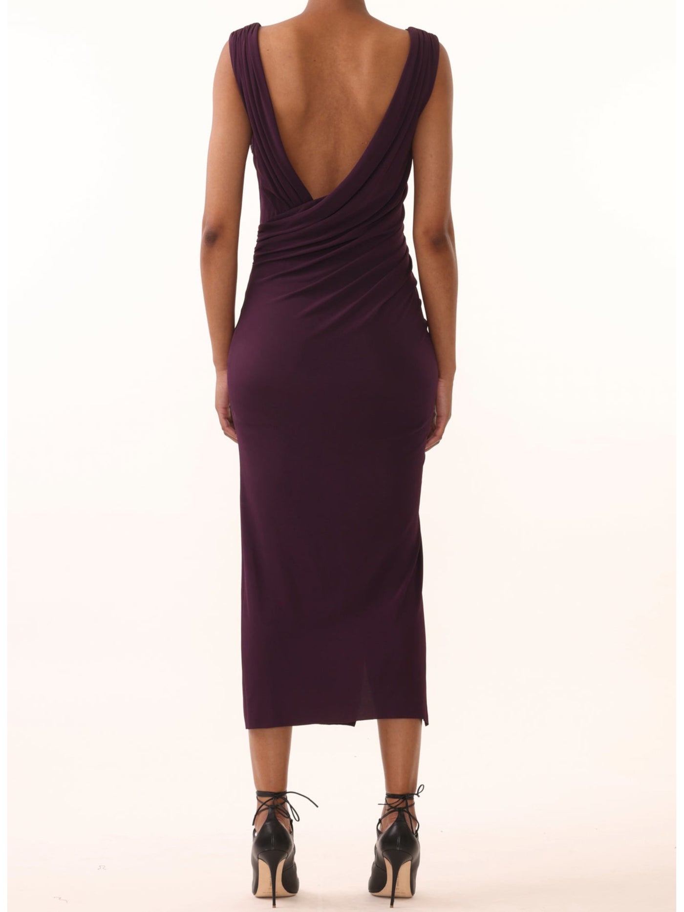 JASON WU Womens Purple Ruched Zippered Low Draped Back Slit Front Sleeveless Cowl Neck Midi Evening Sheath Dress 10